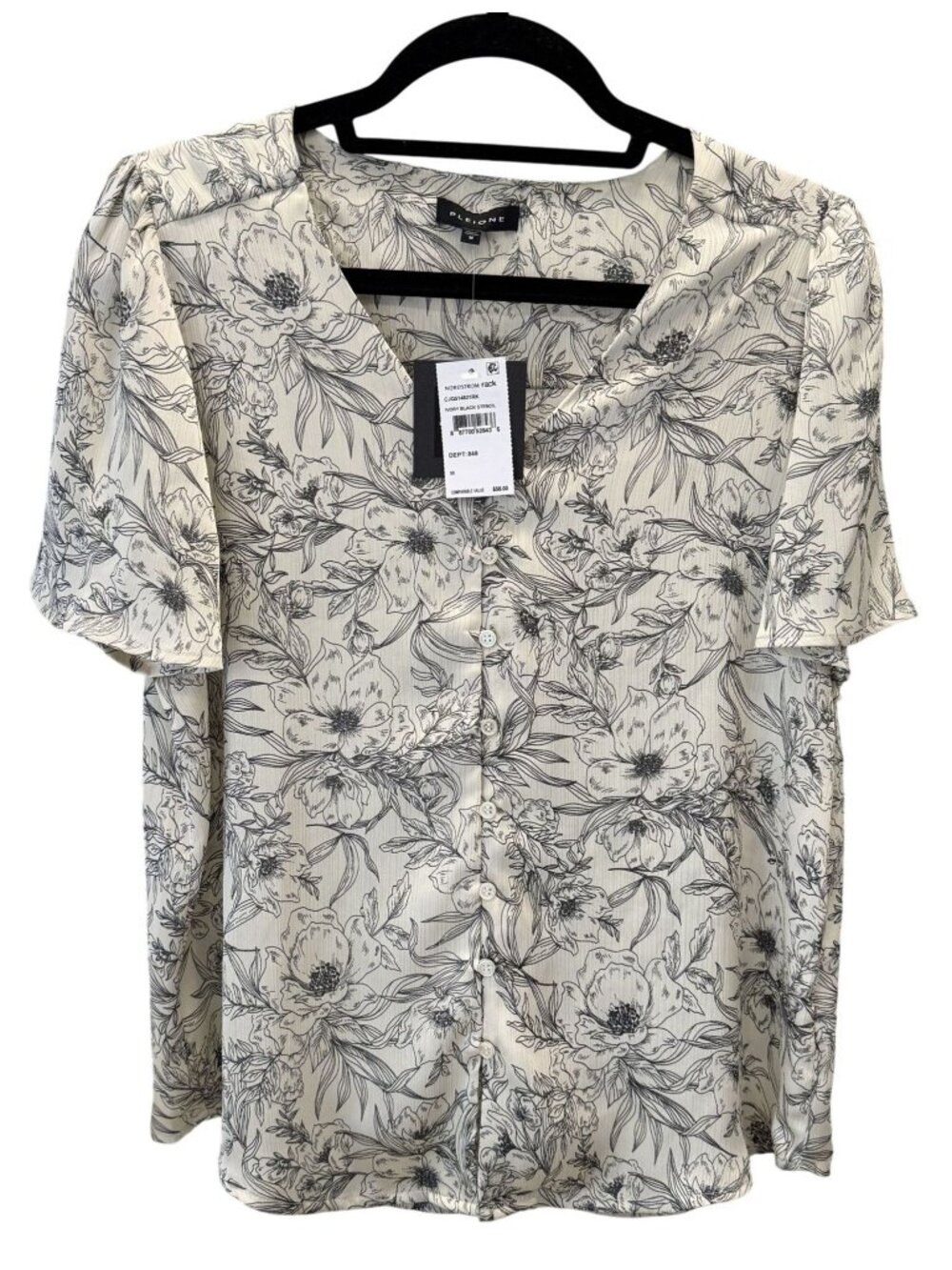 Pleione Womens Ivory Black Floral Print Button-Front Blouse Medium  Office NWT